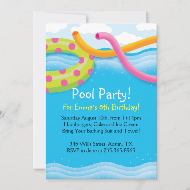 Invitaciones temáticas de la fiesta en la piscina (Anverso)