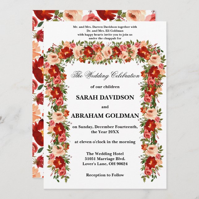 Invitaciones tradicionales a la boda judía - Rosas (Anverso / Reverso)