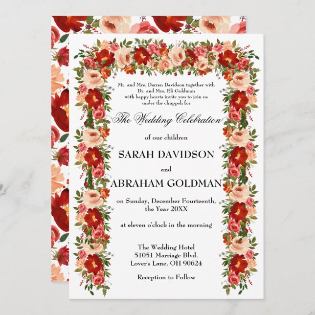 Invitaciones tradicionales a la boda judía - Rosas (Anverso / Reverso)