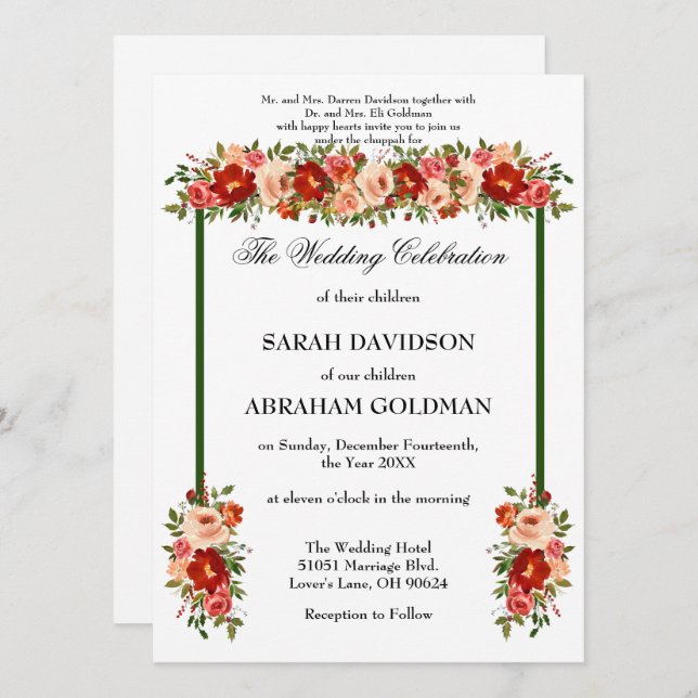 Invitaciones tradicionales a la boda judía - Rosas (Anverso / Reverso)