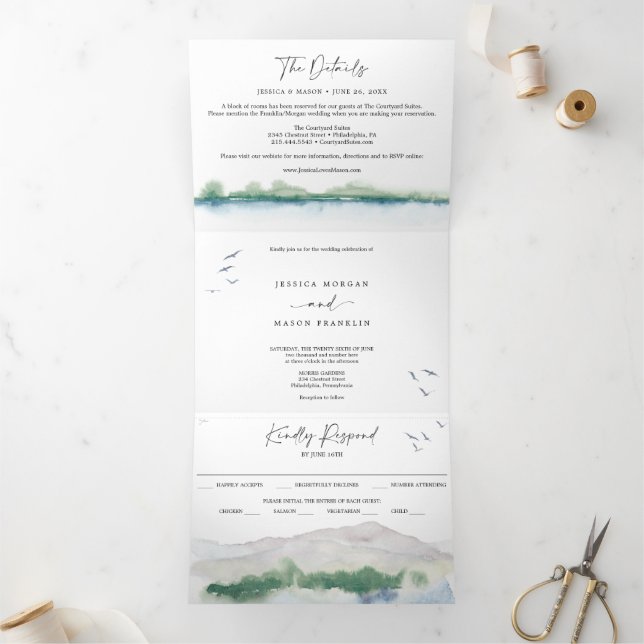 Invitaciones Tri-Fold Boda de Mountain Lake RSVP (Interior)