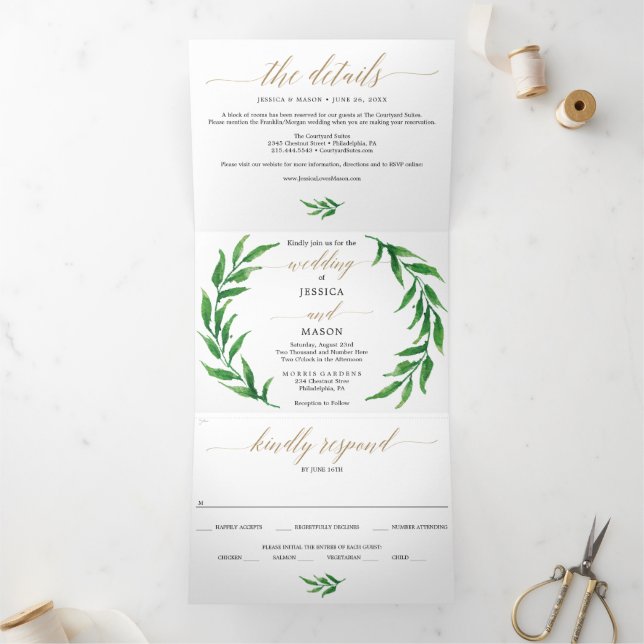 Invitaciones Tri-Fold Boda Golden Greenery (Interior)