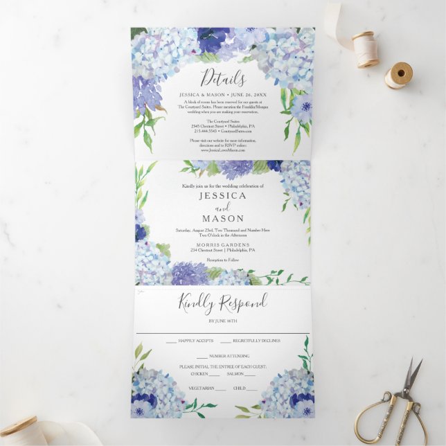 Invitaciones Tri-Fold de Blue Hydrangea Boda (Interior)