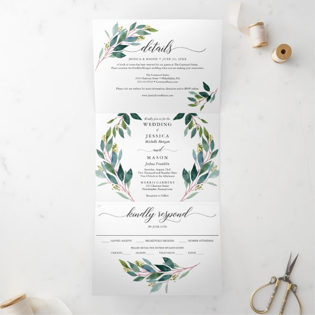 Invitaciones Tri-Fold de Garden Greens Boda (Interior)