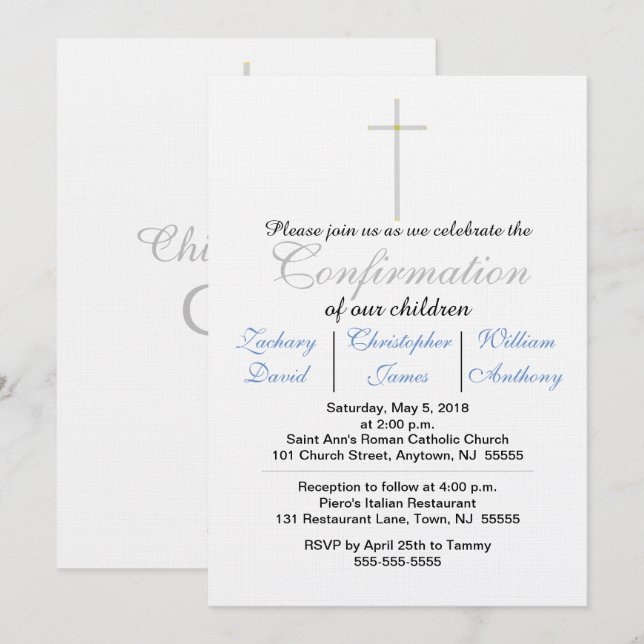Invitaciones triples de confirmación azul (Anverso / Reverso)