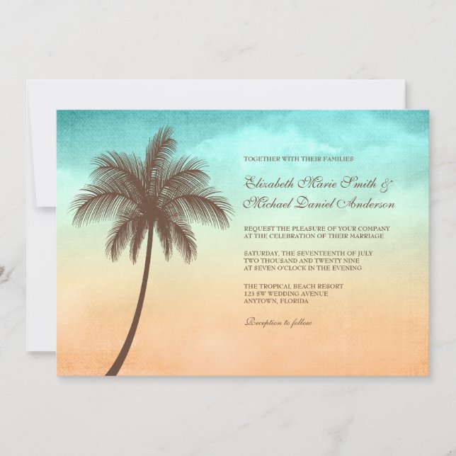 Invitaciones tropicales de la boda de la palmera (Anverso)