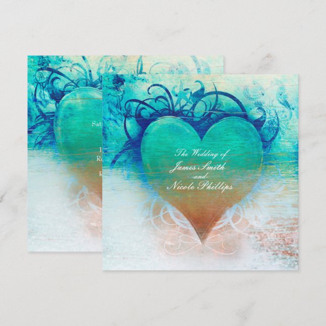 Invitaciones tropicales de Ocean Blue Heart Beach (Anverso / Reverso)
