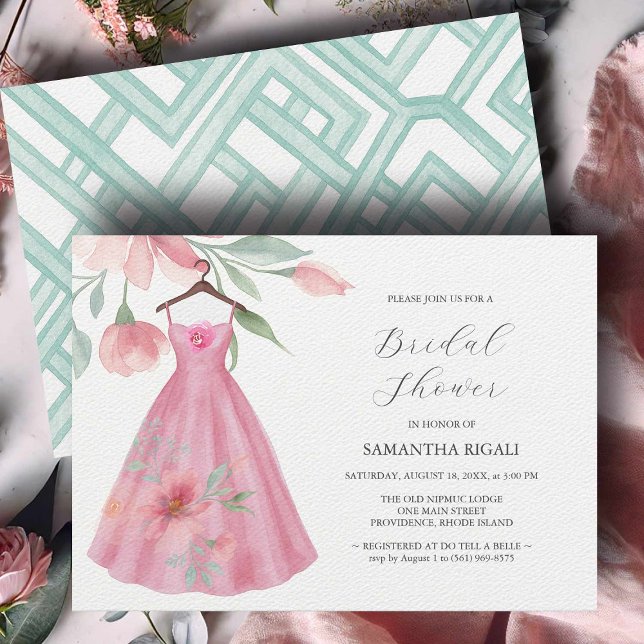 Invitaciones únicas a ducha de novia azul rosado y (unique Bridal shower invitation watercolor blue & pink dress art by Victoria Grigaliunas)