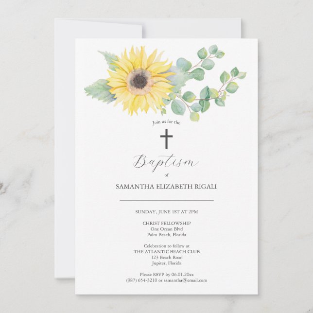 Invitaciones únicas al bautismo acuarela girasol (Anverso)