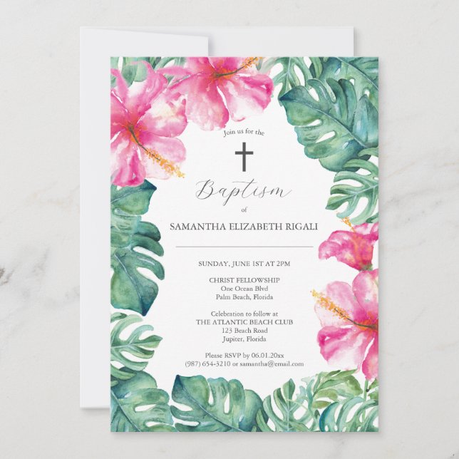 Invitaciones únicas de bautismo a flores tropicale (Anverso)