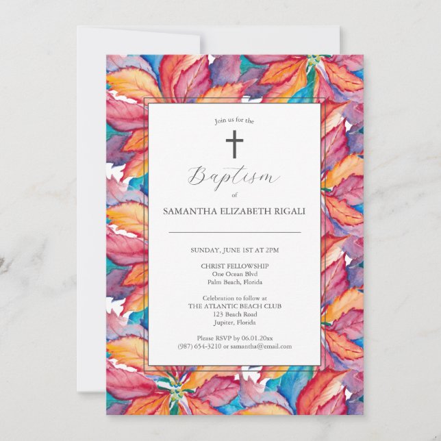 Invitaciones únicas de bautismo coloridas Poinsett (Anverso)