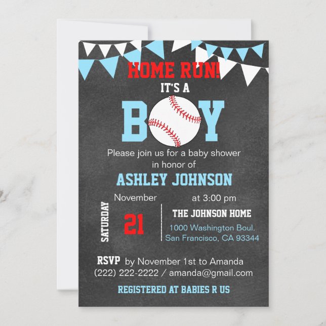 Invitaciones únicas para bañadores de beisbol Blue (Anverso)