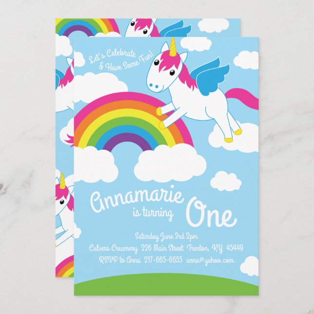 Invitaciones unicornios y arcoiris para el primer  (Anverso / Reverso)