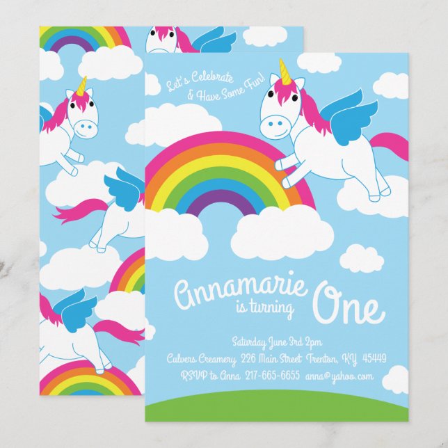 Invitaciones unicornios y arcoiris para el primer  (Anverso / Reverso)