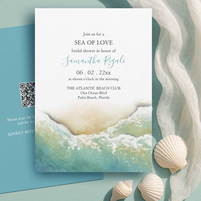 Invitaciones verde azuladas a bañarse en una novia (teac beach bridal shower invitations watercolor shoreline by small business owner do tell a belle)