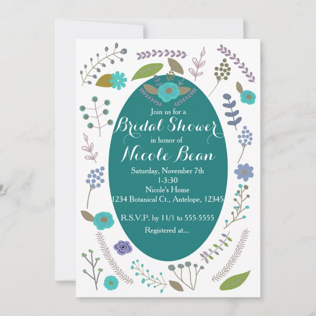 Invitaciones verde azuladas a ducha de novias con  (Anverso)