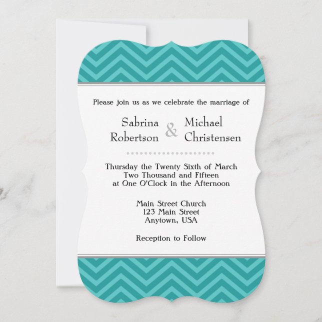 Invitaciones verde azuladas a la boda de Chevron A (Anverso)
