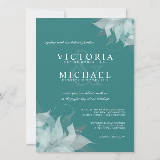 Invitaciones Verde azuladas a la boda floral azul  (Anverso)