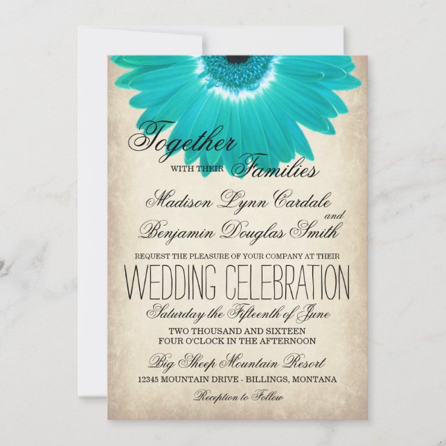 Invitaciones verde azuladas a la boda rústica de A (Anverso)