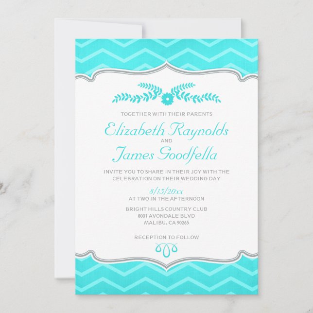 Invitaciones Verde azuladas a la boda zigzag (Anverso)
