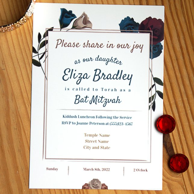 Invitaciones verde azuladas, beige, borgoña a Mitz (Teal, beige, burgundy roses traditional floral design bat mitzvah invitation)
