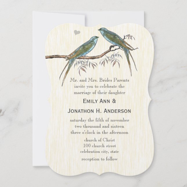 Invitaciones verde azuladas de bodas con aves vene (Anverso)