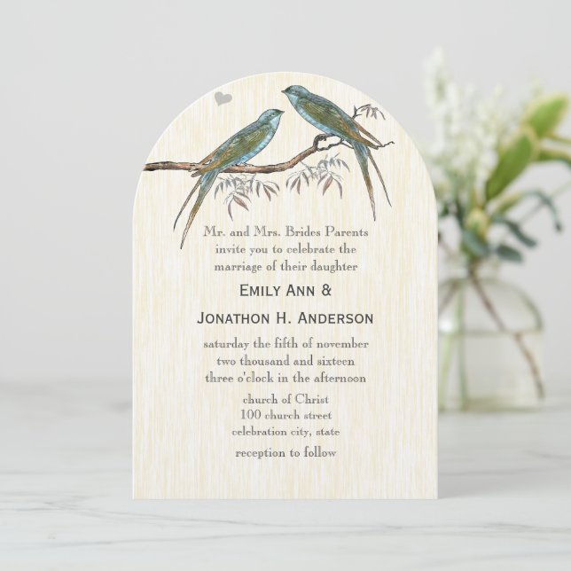 Invitaciones verde azuladas de bodas con aves vene (Anverso de pie)