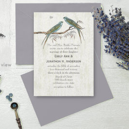 Invitaciones verde azuladas de bodas con aves vene