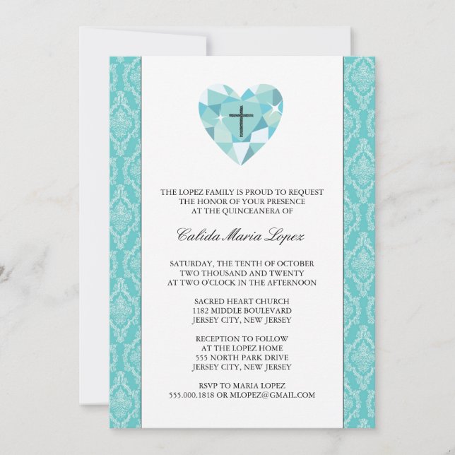 Invitaciones verde azuladas de Damask Quinceanera (Anverso)