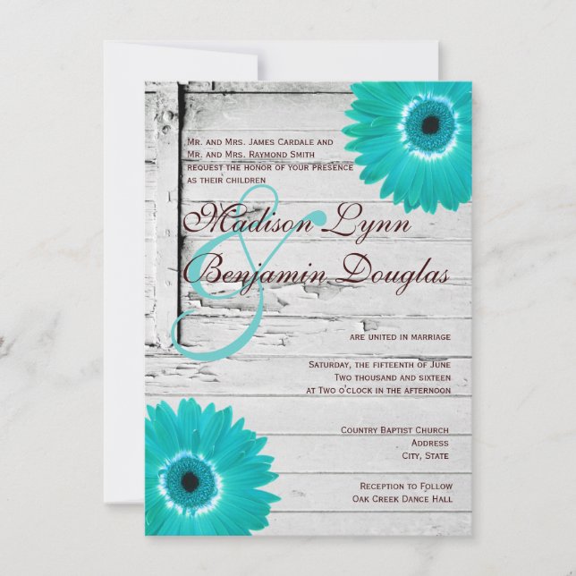 Invitaciones verde azuladas de madera rústicas de (Anverso)