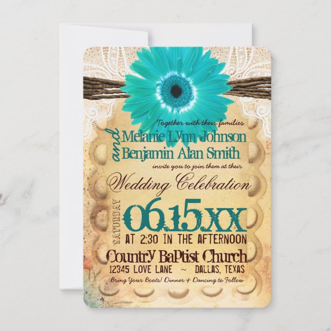 Invitaciones verde azuladas rústicas de la boda de (Anverso)