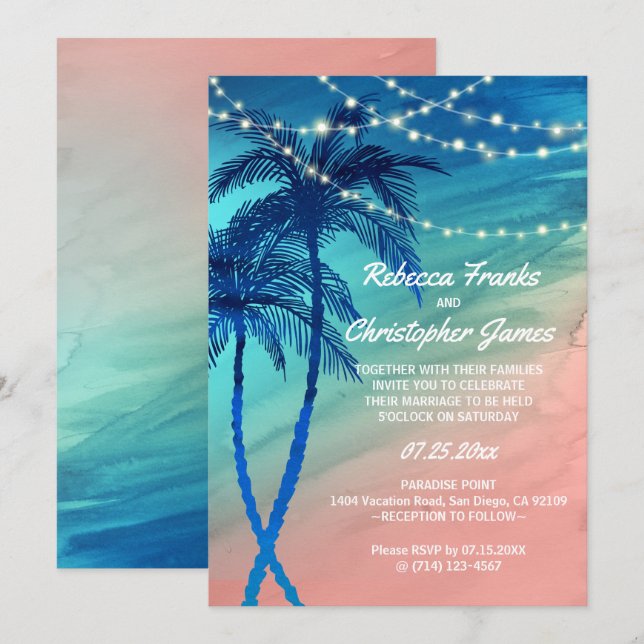 Invitaciones verde azuladas tropicales de la boda (Anverso / Reverso)