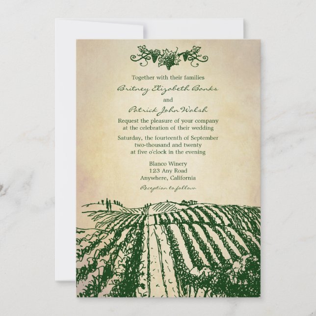 Invitaciones verdes toscanas de la boda del viñedo (Anverso)
