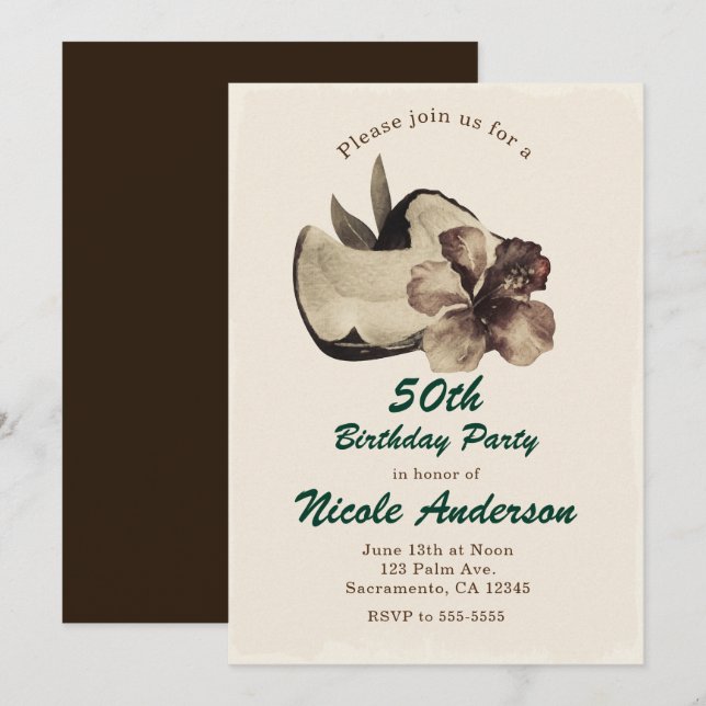 Invitaciones Vintage Tropicales de Coco y Hibisco (Anverso / Reverso)