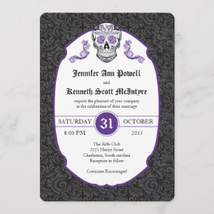 Invitaciones violetas de la boda del damasco del