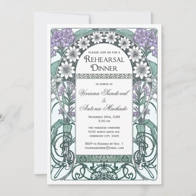 Invitaciones violetas esmeralda de la cena del (Anverso)