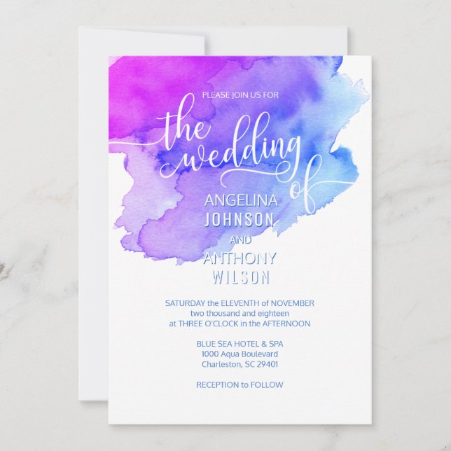 Invitaciones violetas púrpuras azules de la boda (Anverso)