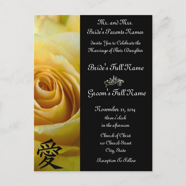 Invitaciones y favores a la boda de rosas amarilla (Anverso)
