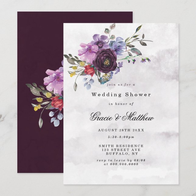 Invitan a duchas de bodas rusticas de Plum Violet (Anverso / Reverso)