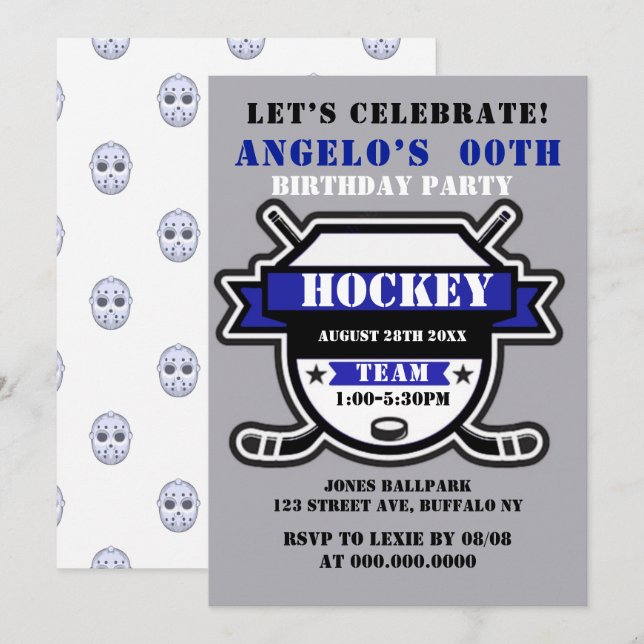Invitan a fiesta de cumpleaños con tema de hockey  (Anverso / Reverso)