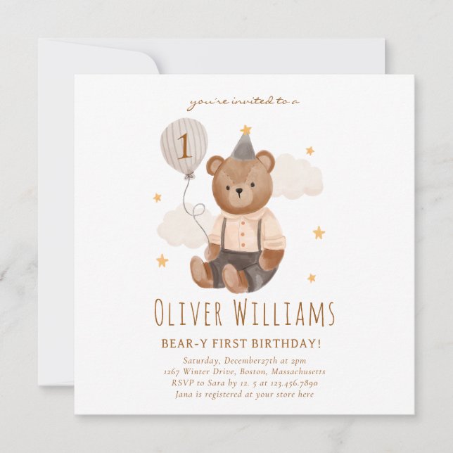 Invitation bear 1st birthday blue balloon (Anverso)