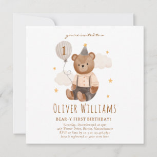 Invitation bear 1st birthday blue balloon