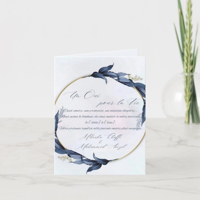 Invitation de mariage chic bleu et or – "Un Oui po (Anverso)