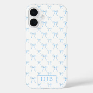 iPhone 16 Coquette Bow Blue Monograma Primer Funda para iPho
