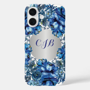 iPhone 16 Elegante funda floral de cobalto azul 