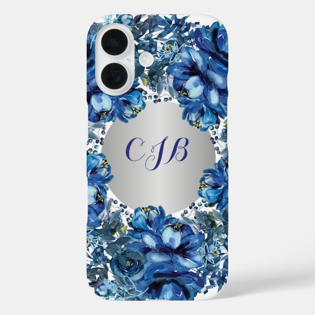 iPhone 16 Elegante funda floral de cobalto azul  (Reverso )
