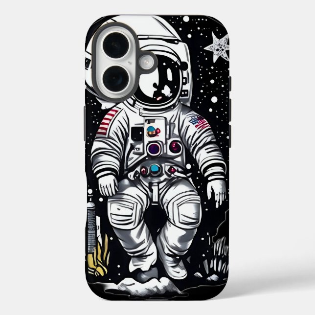 iPhone 16 Funda Case-Mate de astronauta espacial retro linól (Reverso )