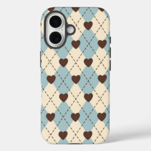 iPhone 16 Funda con patrón de corazón Argyle azul estético y