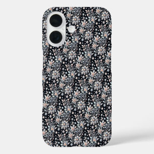 iPhone 16 Funda con patrón de flores de invierno en blanco y