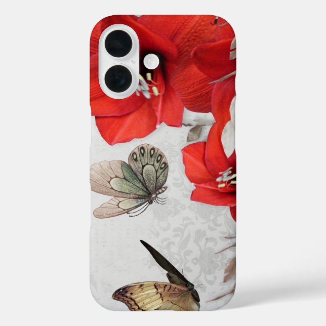 iPhone 16 funda de mariposas con flores rojas bonitos (Reverso )